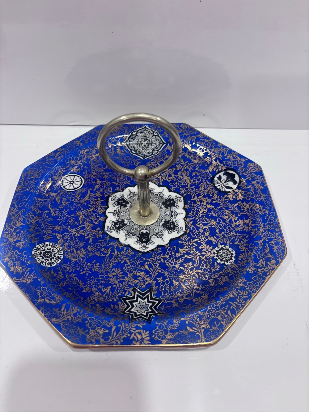 Vintage Osaka Fenton England Blue &gold Cake Plate W Handle -staffordshire Tray
